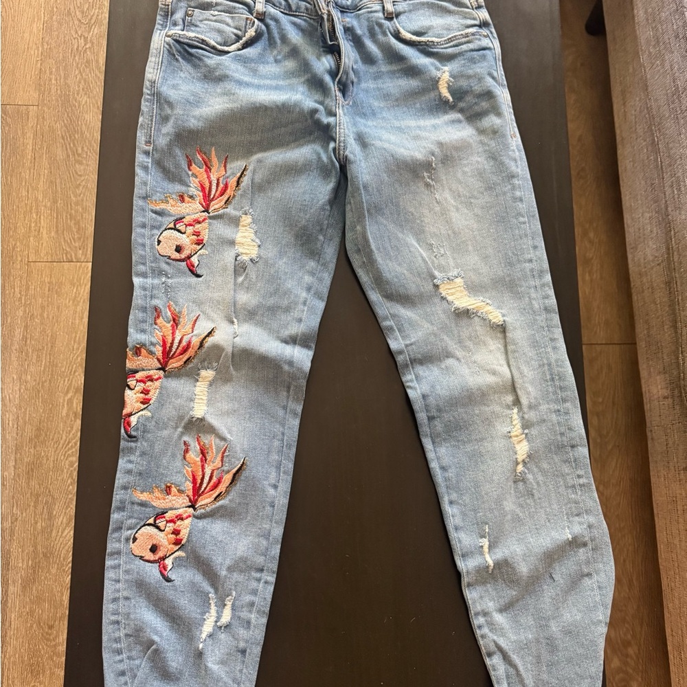 Zara Light Blue Distressed Skinny Jeans with Fish Embroidery